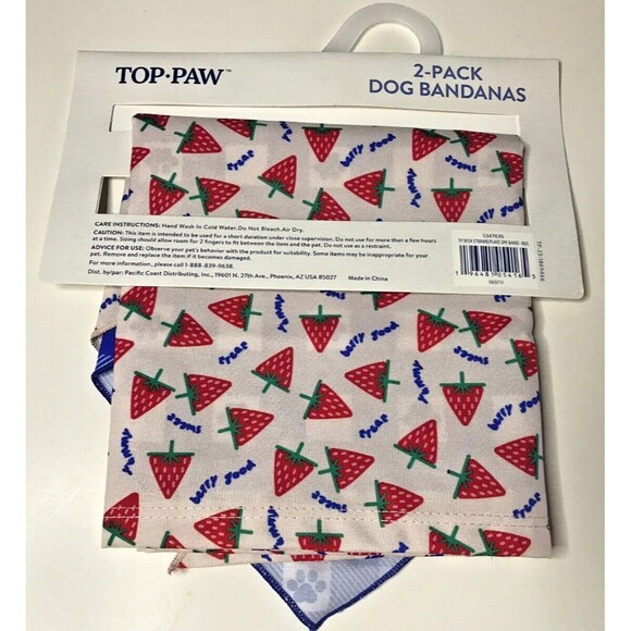 New Top Paw Dog Bandanas Set Strawberries Blue Plaid Pet Clothing 2-Pack - Picture 5 of 5
